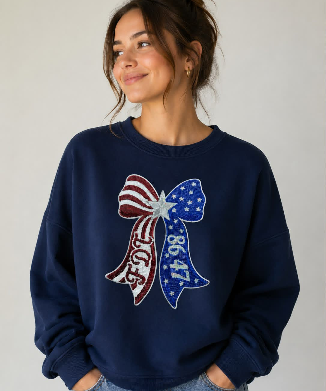 8647 Patriotic Bow Sweatshirt | Patriotic Graphic Crewneck | Americana Sweatshirt - Hands Off United