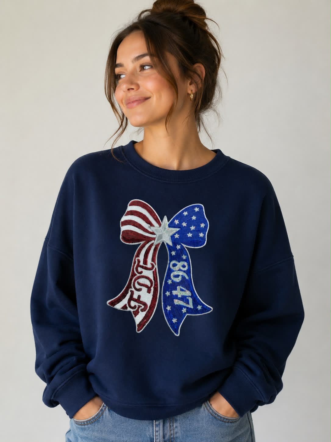 8647 Patriotic Bow Sweatshirt | Patriotic Graphic Crewneck | Americana Sweatshirt - Hands Off United